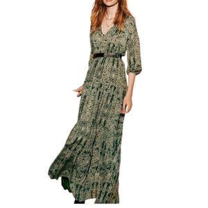 Ecote Women's Sage Green Floral Boho Cottagecore Maxi Tiered 3/4 Sleeves Large